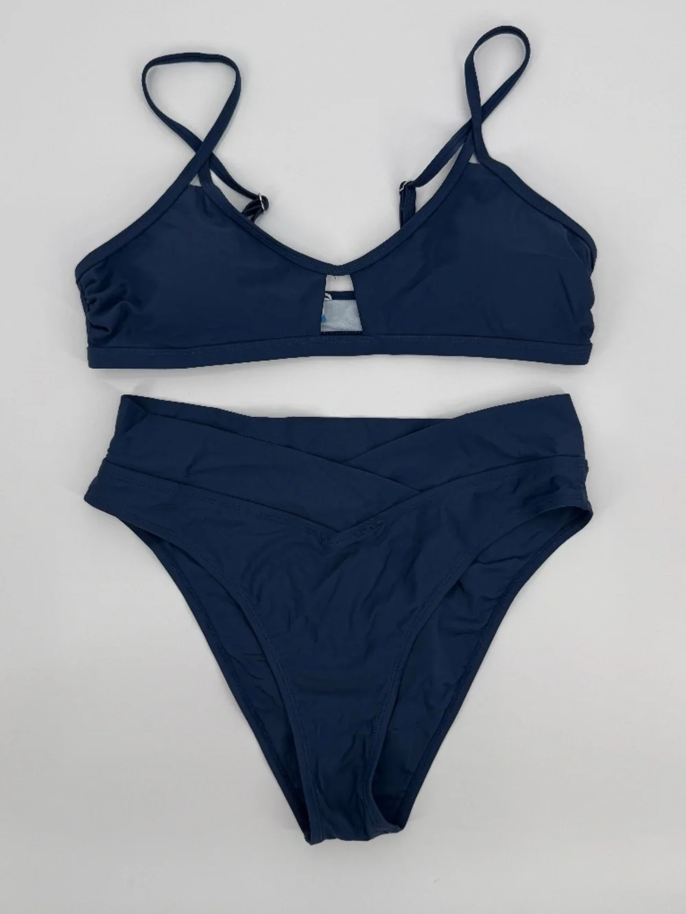 High Waisted Bikini Navy Blue Keyhole Top Crossover Bottoms Beach Resortwear L